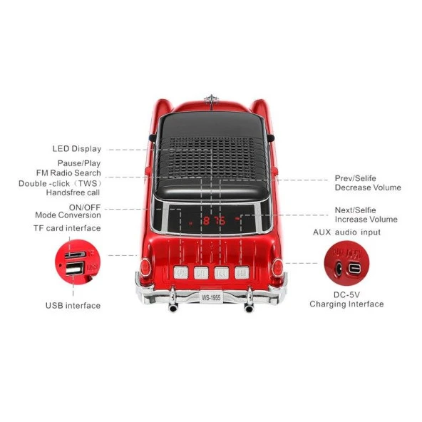 Nostaljik Ledli Chevrolet Araba Fm Radyolu Bluetooth Hoparlör Speaker Ws-1955Bt Kırmızı - 2