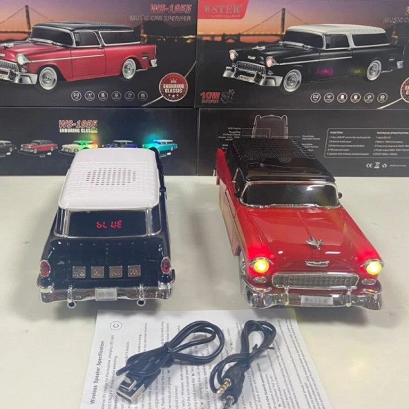 Nostaljik Ledli Chevrolet Araba Fm Radyolu Bluetooth Hoparlör Speaker Ws-1955Bt Kırmızı - 3
