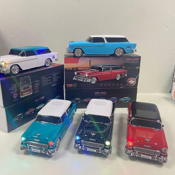 Nostaljik Ledli Chevrolet Araba Fm Radyolu Bluetooth Hoparlör Speaker Ws-1955Bt Kırmızı - 4