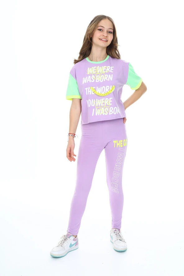 Kız Çocuk Taytlı-Crop-Bloklu-Alt-Üst Takım 9-14 Yaş 8006 - 10