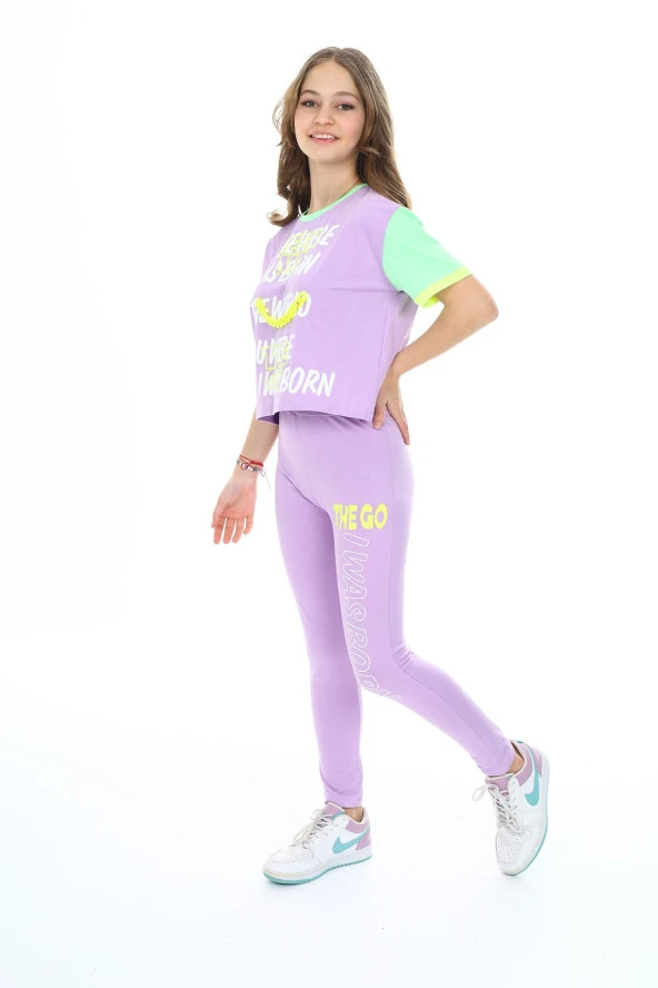 Kız Çocuk Taytlı-Crop-Bloklu-Alt-Üst Takım 9-14 Yaş 8006 - 11