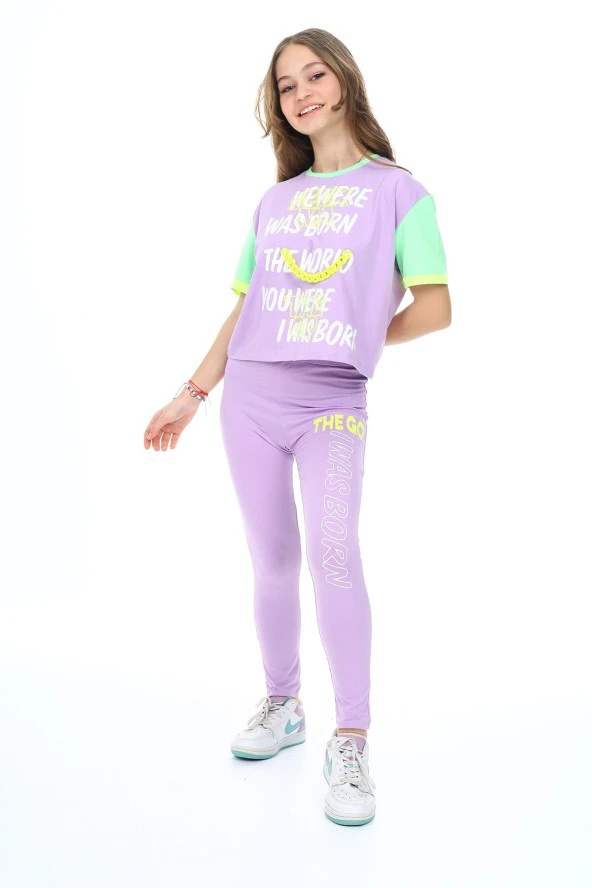 Kız Çocuk Taytlı-Crop-Bloklu-Alt-Üst Takım 9-14 Yaş 8006 - 12