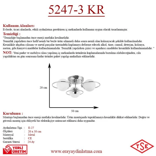 Eray Aydınlatma 3 lü Opal Camlı Krom Avize - Resim 3
