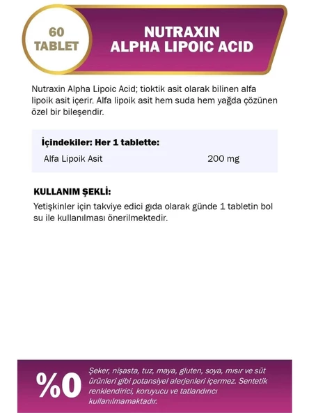 Nutraxin Alpha Lipoic Acid 200 mg 60 Tablet - Resim 3