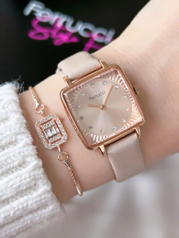 Ferrucci Çift Hasır Çelik&Deri Kordon Özelikli Yeni Sezon 3 Atm Kadın Kol Saati+Bileklik BLKT.B.100 - Resim 2