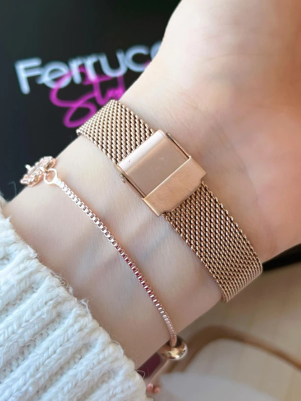 Ferrucci Çift Hasır Çelik&Deri Kordon Özelikli Yeni Sezon 3 Atm Kadın Kol Saati+Bileklik BLKT.B.100 - Resim 3