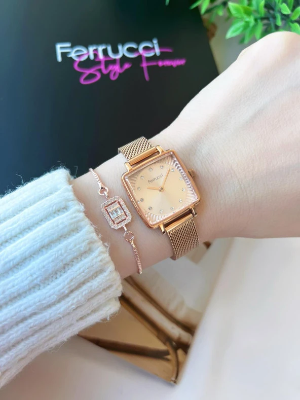 Ferrucci Çift Hasır Çelik&Deri Kordon Özelikli Yeni Sezon 3 Atm Kadın Kol Saati+Bileklik BLKT.B.100 - Resim 4