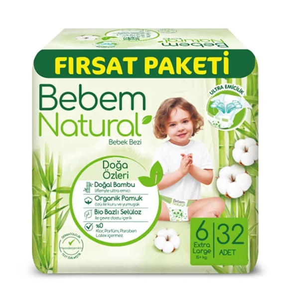Bebem Natural Bebek Bezi Fırsat Paketi 6 Beden 15+ Kg 32 Adet