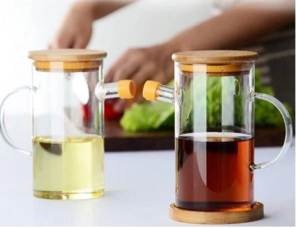 Rossel Premium Alisa 800 ml İkili Bambu Kapaklı Cam Yağlık P/CAM-401276 - 5