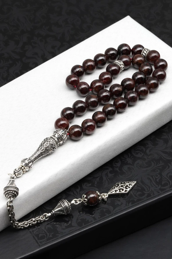 Garnet - Lal Doğal Taş Tesbih 925 Ayar Gümüş 8 mm Küre Kesim ürün görseli 1