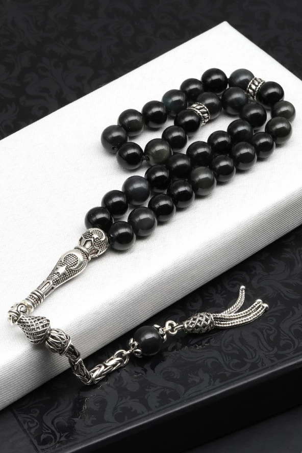 Obsidyen Doğal Taş Tesbih 925 Ayar Gümüş 8 mm Küre Kesim ürün görseli 1