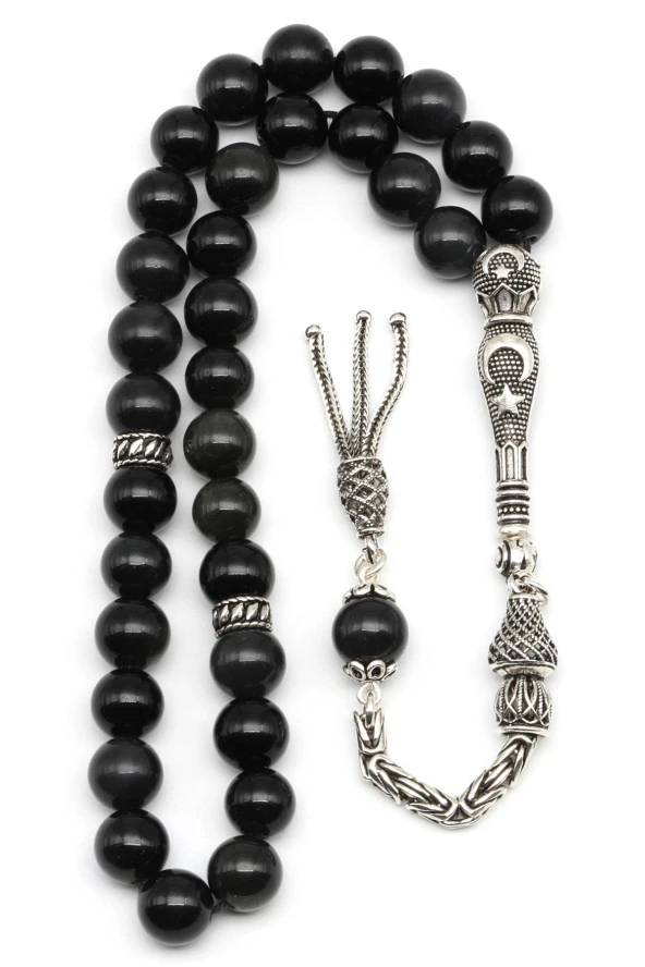 Obsidyen Doğal Taş Tesbih 925 Ayar Gümüş 8 mm Küre Kesim - Resim 2