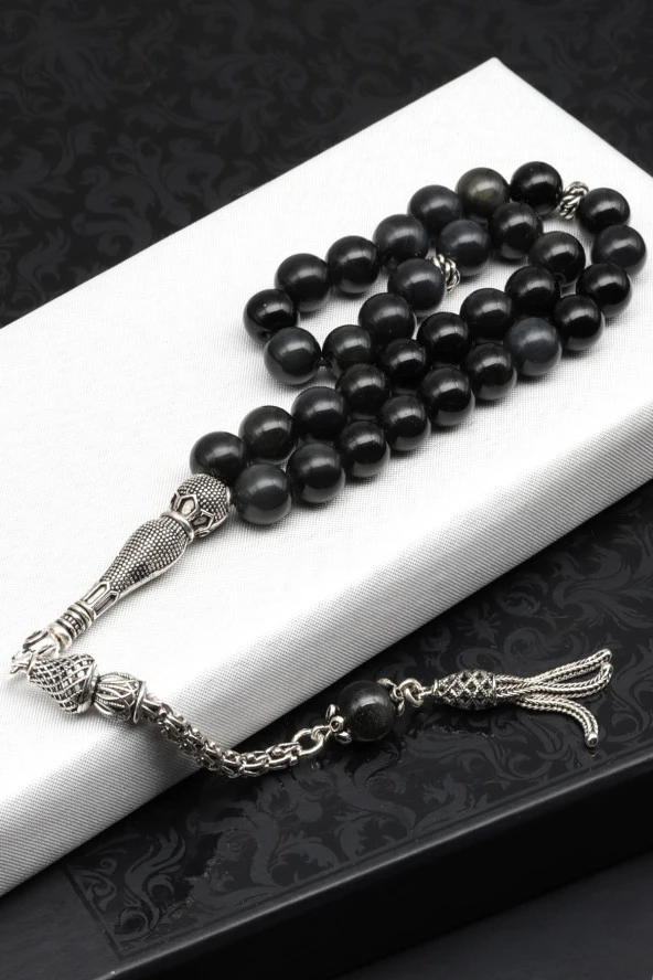 Obsidyen Doğal Taş Tesbih 925 Ayar Gümüş 8 mm Küre Kesim ürün görseli 1