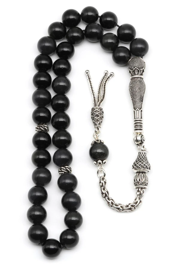 Obsidyen Doğal Taş Tesbih 925 Ayar Gümüş 8 mm Küre Kesim - Resim 2