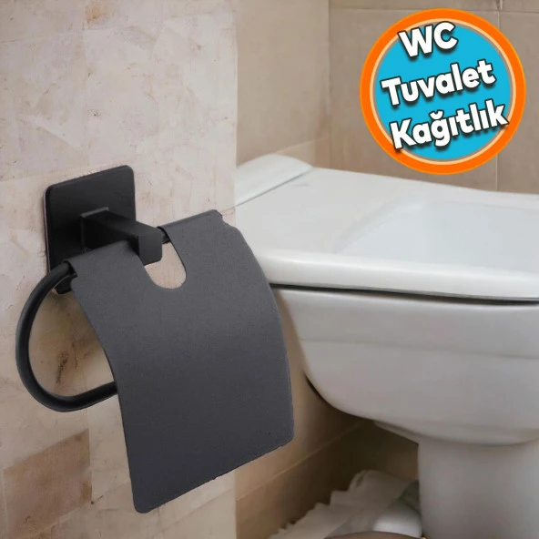 Tuvalet Kağıtlık Yapışkanlı Kapaklı Aparat WC Kağıt Standı Paslanmaz Metal Sağlam Siyah