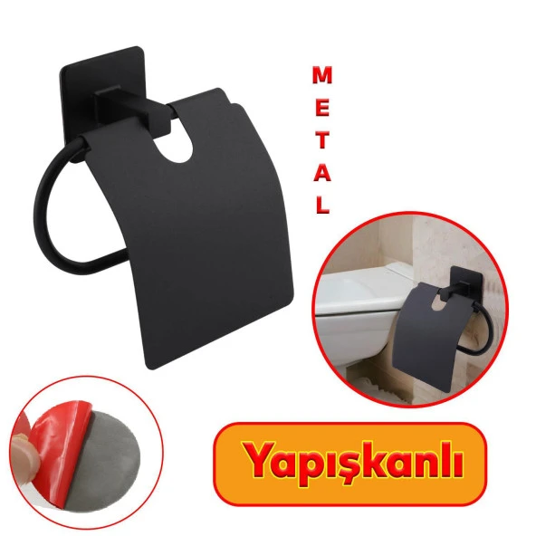 Tuvalet Kağıtlık Yapışkanlı Kapaklı Aparat WC Kağıt Standı Paslanmaz Metal Sağlam Siyah - 4