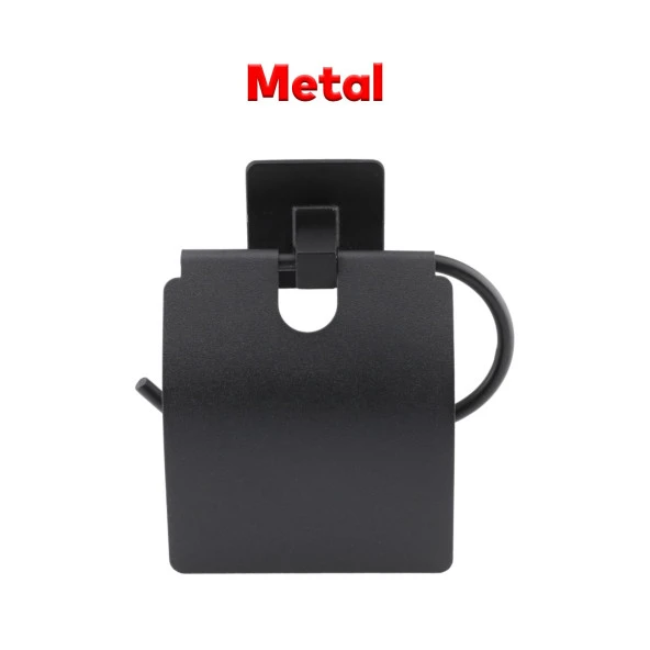 Tuvalet Kağıtlık Yapışkanlı Kapaklı Aparat WC Kağıt Standı Paslanmaz Metal Sağlam Siyah - 5
