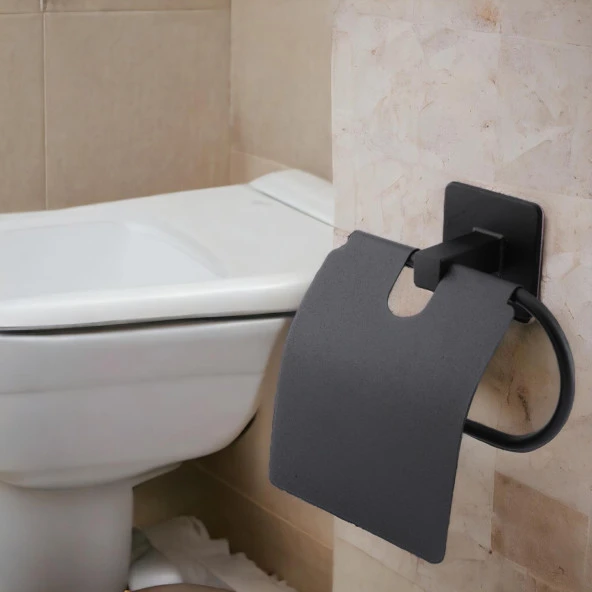 Tuvalet Kağıtlık Yapışkanlı Kapaklı Aparat WC Kağıt Standı Paslanmaz Metal Sağlam Siyah - 6