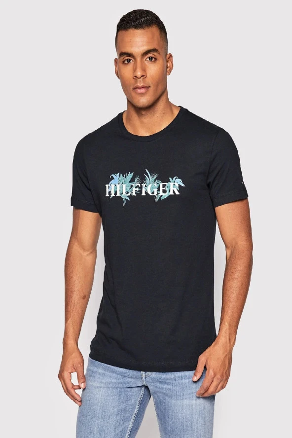 DARK BLUE Regular Fit Palmiye Çiçekli T-Shirt