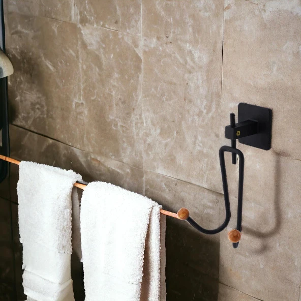 Yapışkanlı Dekoratif Siyah Metal Uzun Çatal 2li Askılık Sağlam Banyo Lavabo Aparat Bornoz Havlu Asma Askı - 5