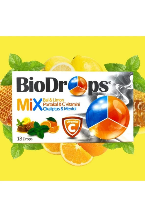 Biodrops Mix Pastil - Limon + Portakal + Mentol + Bal + Okaliptus Aromalı - 18'li