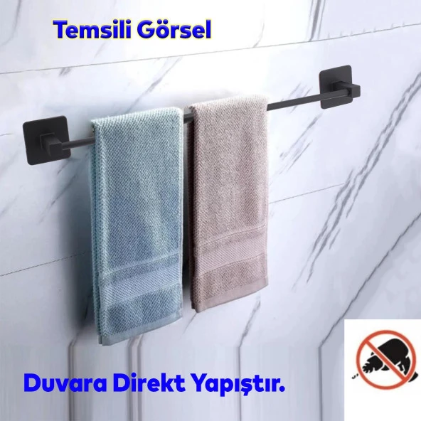 Yapışkanlı Tuvalet Lavabo Banyo Mutfak Havlu Standı Askısı Paslanmaz Metal Siyah Bez Havluluk Uzun 40 cm