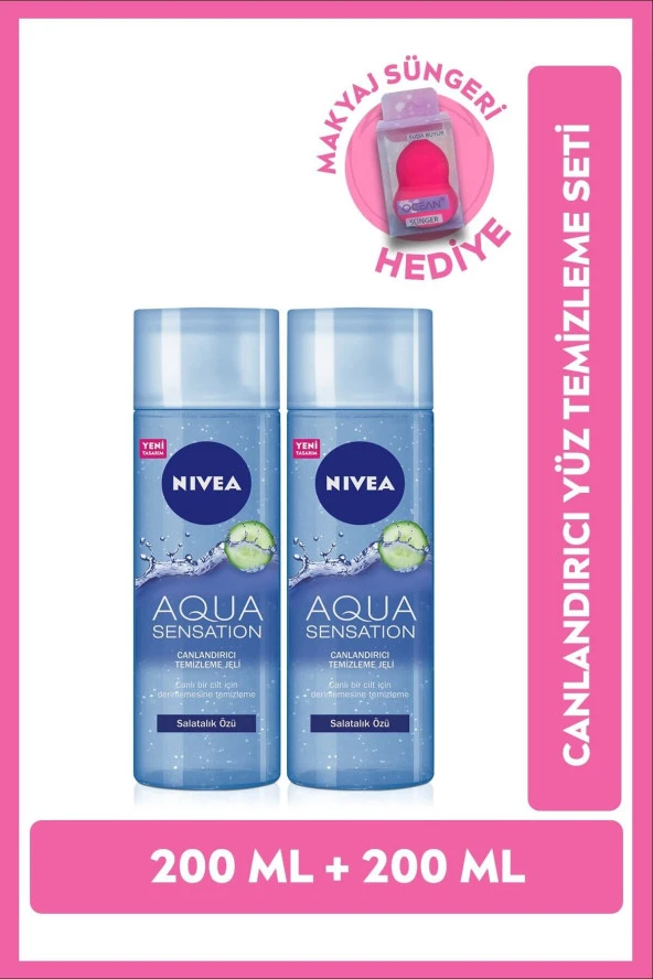 Nivea Yüz Temizleme Jeli Aqua Sensation Canlandırıcı 200 ml X2 Adet, Makyaj Süngeri Hediye