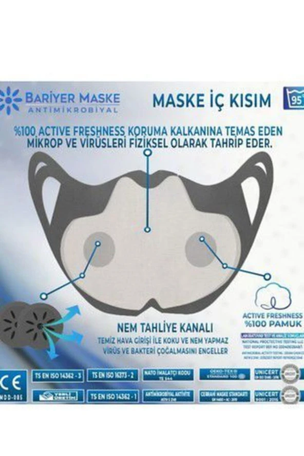 Ersav Beyaz Yıkanabilir Sağlık Bakanlığı Onaylı Bariyer Filtreli Maske - 3