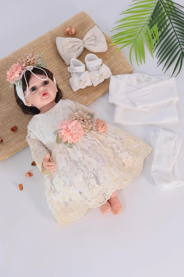 Kız Bebek Mevlüt Elbisesi Soft Gelinlik Fransız Dantelli Mevlit Takımı Bebek Mevlütlük Seti STL6483