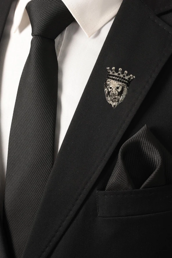 Esgue Hand Made Siyah Kravat Mendil Taşlı Gümüş Rengi Aslan Broş Hediye Seti - 2