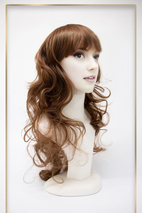 Karamel-Bakır Uzun Dalgalı Perçemli Fiber Sentetik Peruk (H9030-30) - Resim 3