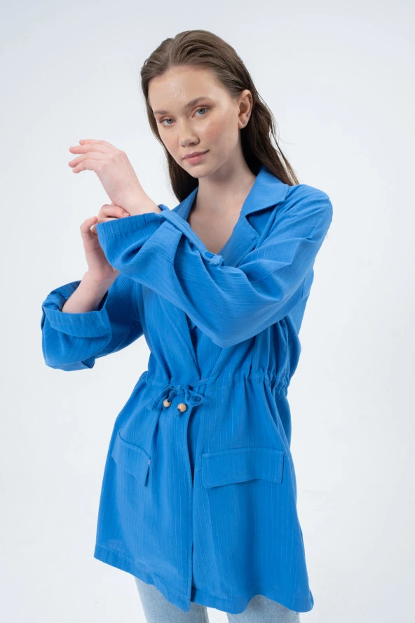 23190-Kadın Beli Bağlama Detaylı Ceket - Saks