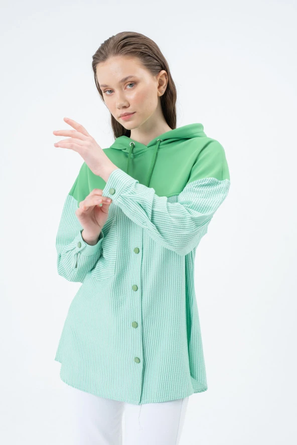 23158-Kadın Garni Detaylı Kapüşonlu Sweatshirt - Yeşil
