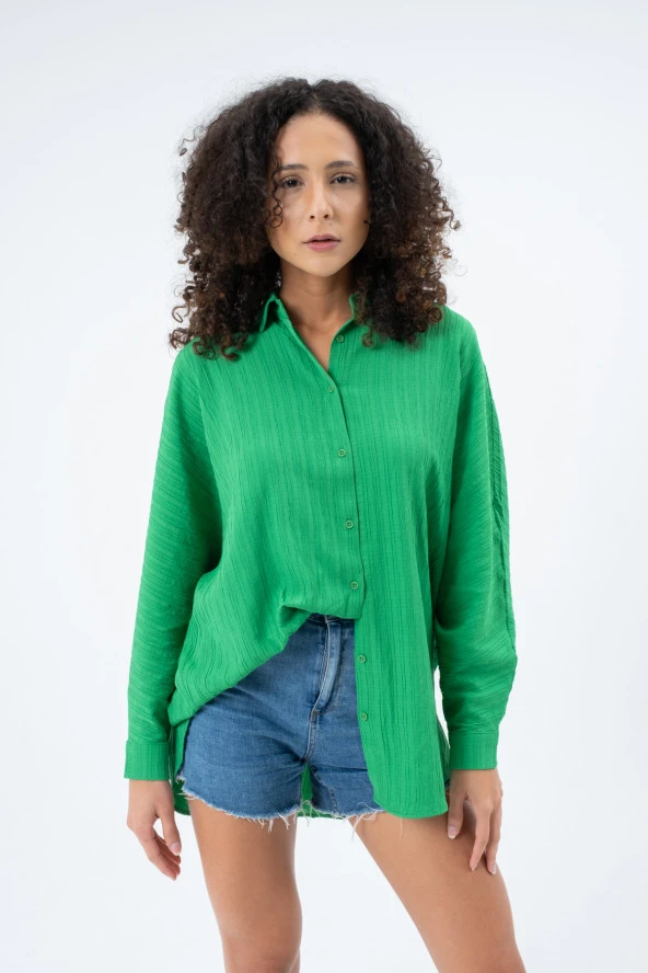 23231-Kadın Yarasa Kalıp Gömlek - Benetton Yeşil