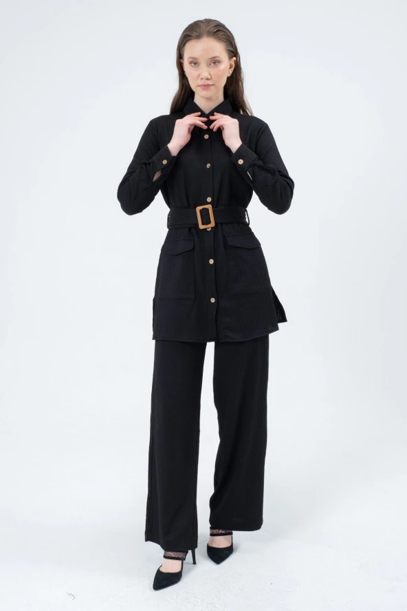 23242-Kadın Kemer Detaylı Gömlek Pantolon Takım - Siyah