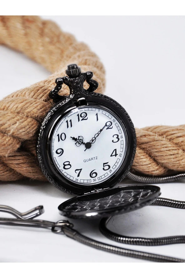 Siyah Renk Türk Bayraklı Erkek Köstekli Cep Saati SU-920