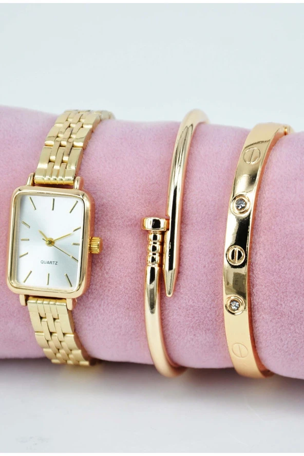 Altın Renk Taşlı ve Çivili Model Bileklikli Şık Sade Vintage Kadın Kol Saati SU-892