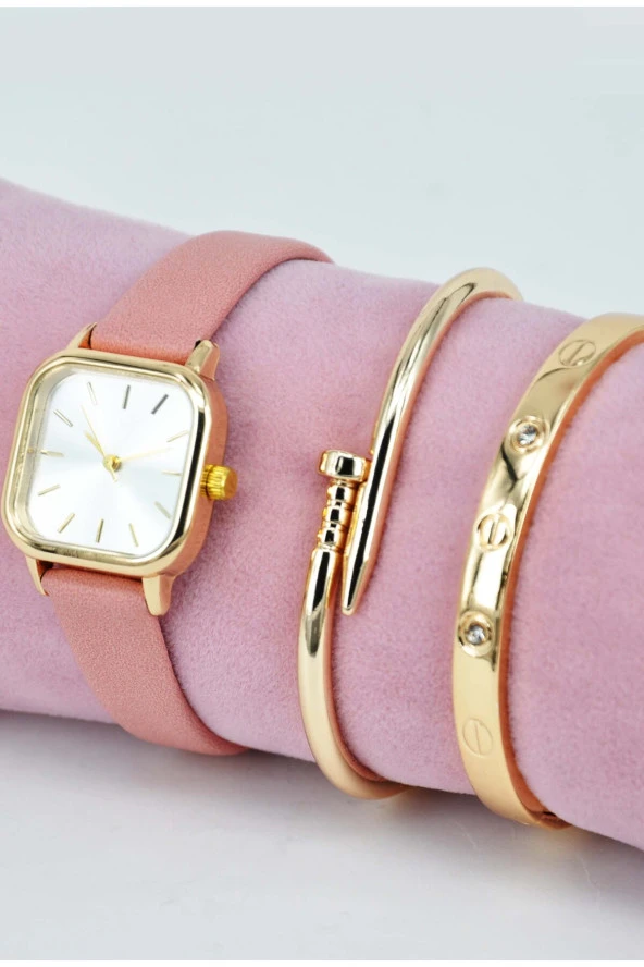 Pembe Deri Kordon Altın Renk Taşlı ve Çivi Model Bileklikli Şık Sade Genç Kız Kadın Kol Saati SU-891 - 2