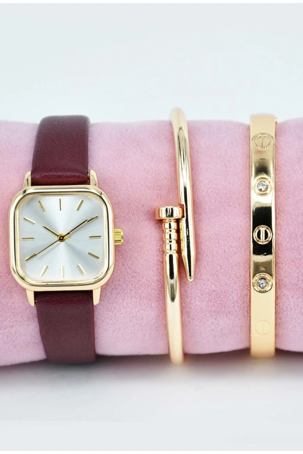 Bordo Renk Kordon Çivi ve Taşlı Model Bileklikli Genç Kız Kadın Kol Saati SU-915 - 2