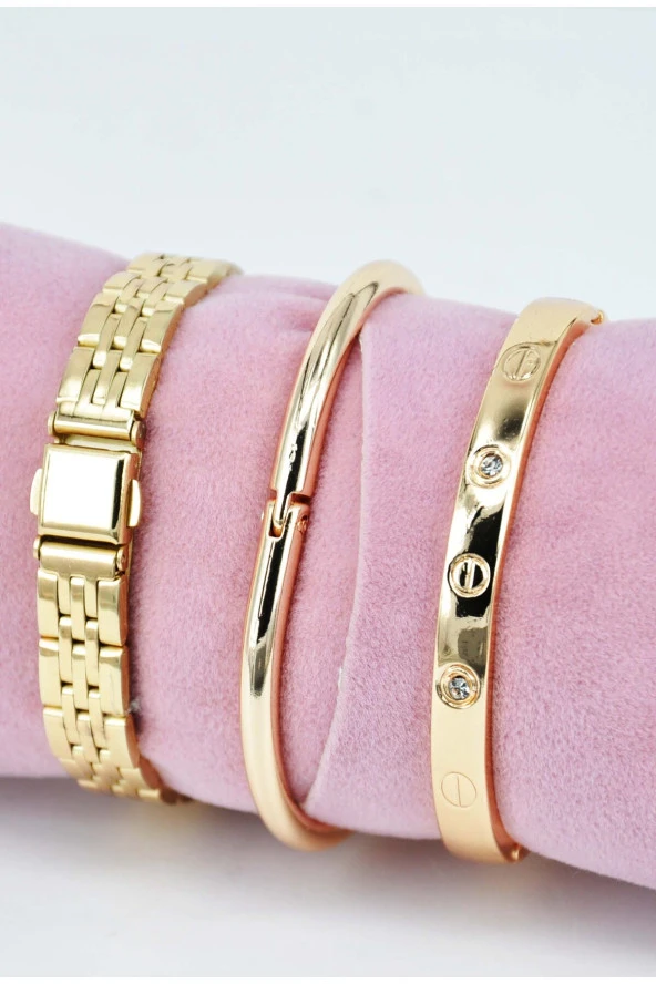 Altın Renk Taşlı ve Çivili Model Bileklikli Şık Sade Vintage Kadın Kol Saati SU-892 - 3