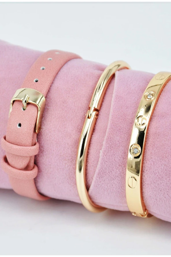 Pembe Deri Kordon Altın Renk Taşlı ve Çivi Model Bileklikli Şık Sade Genç Kız Kadın Kol Saati SU-891 - 3