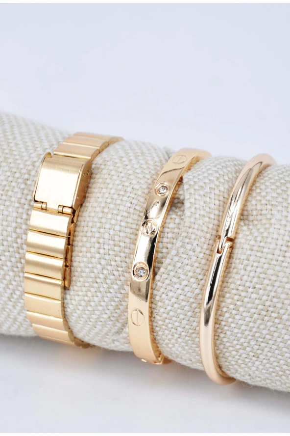 Ayarlanır Kordon Altın Renk Roma Rakam Taşlı ve Çivili Model Bileklikli Kadın Kol Saati SU-895 - 3