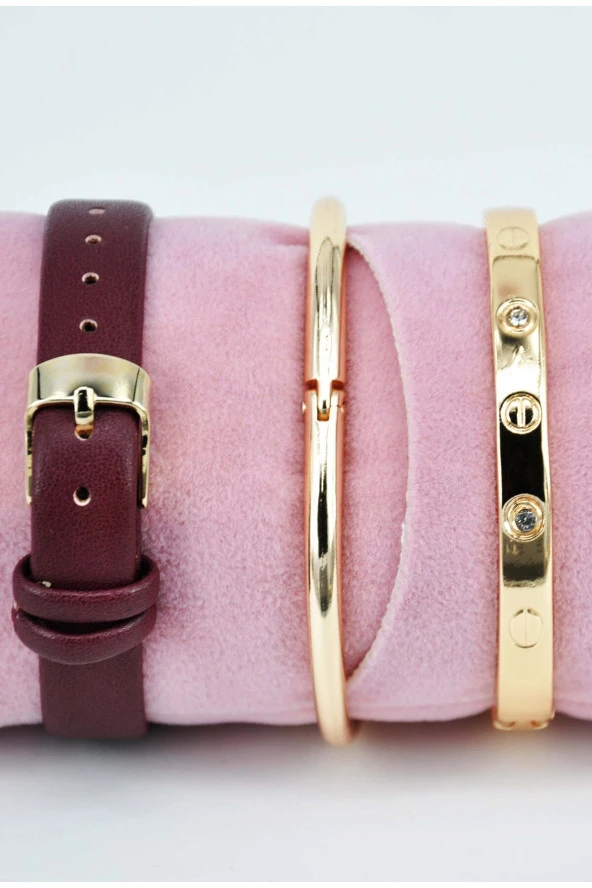 Bordo Renk Kordon Çivi ve Taşlı Model Bileklikli Genç Kız Kadın Kol Saati SU-915 - 3