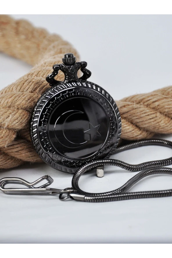 Siyah Renk Türk Bayraklı Erkek Köstekli Cep Saati SU-920 - 2