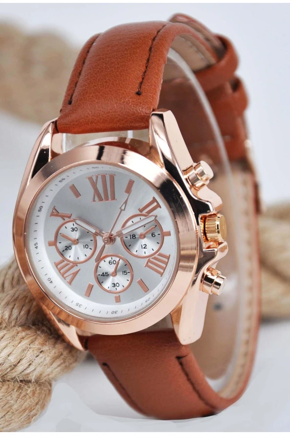Cappuccino Deri Kordonlu Bakır Renk Kasa Roma Rakamlı Genç Kız Kadın Kol Saati SU-907