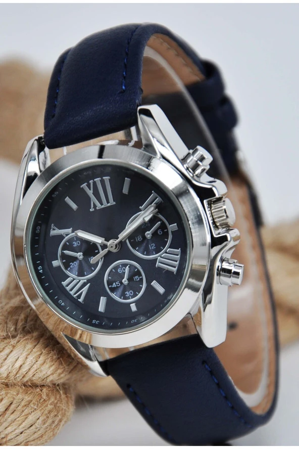 Koyu Mavi Deri Kordonlu Gümüş Renk Kasa Roma Rakamlı Genç Kız Kadın Kol Saati Su-909