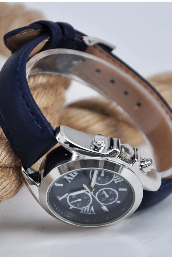 Koyu Mavi Deri Kordonlu Gümüş Renk Kasa Roma Rakamlı Genç Kız Kadın Kol Saati Su-909 - 2