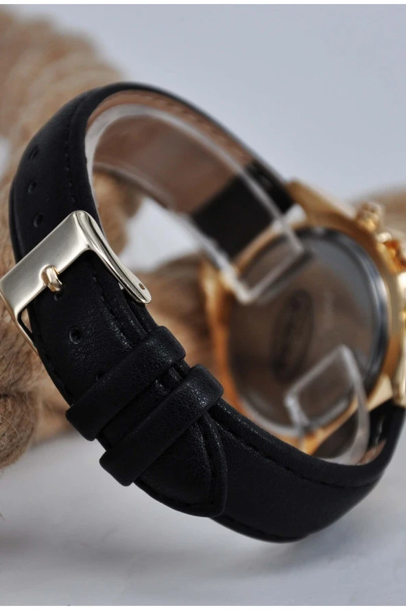 Siyah Deri Kordonlu Altın Renk Kasa Roma Rakamlı Genç Kız Kadın Kol Saati SU-908 - 3