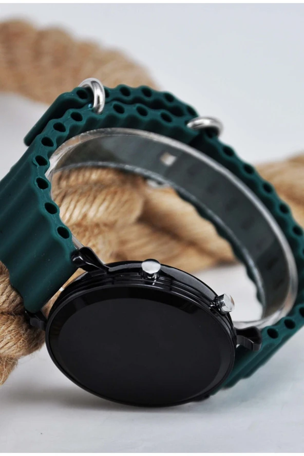 Koyu Yeşil Renk Silikon Kordonlu Tuşlu Led Unisex Kol Saati SU-905 - 3