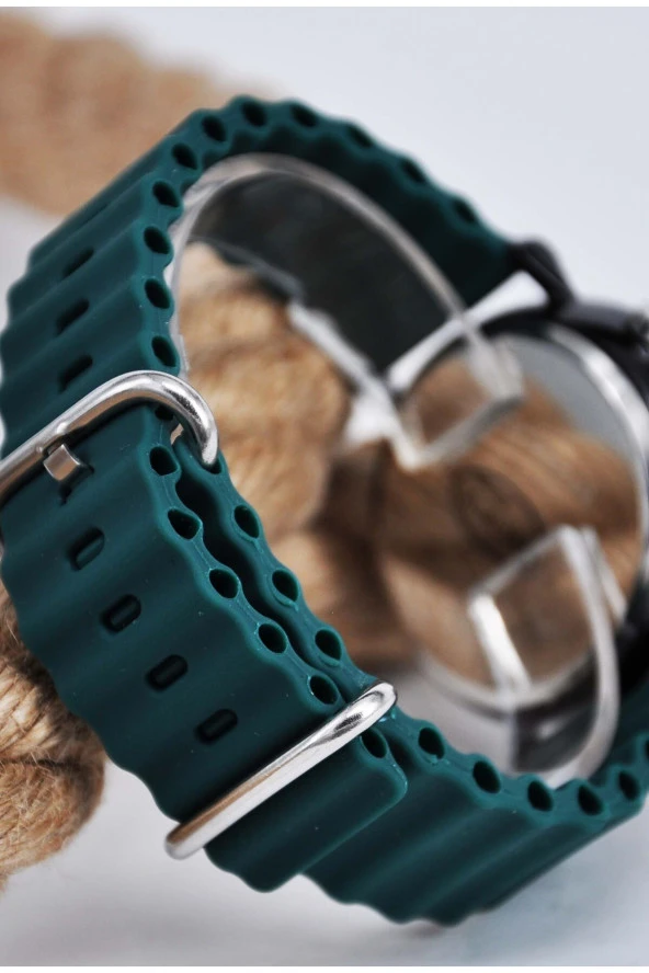 Koyu Yeşil Renk Silikon Kordonlu Tuşlu Led Unisex Kol Saati SU-905 - 4